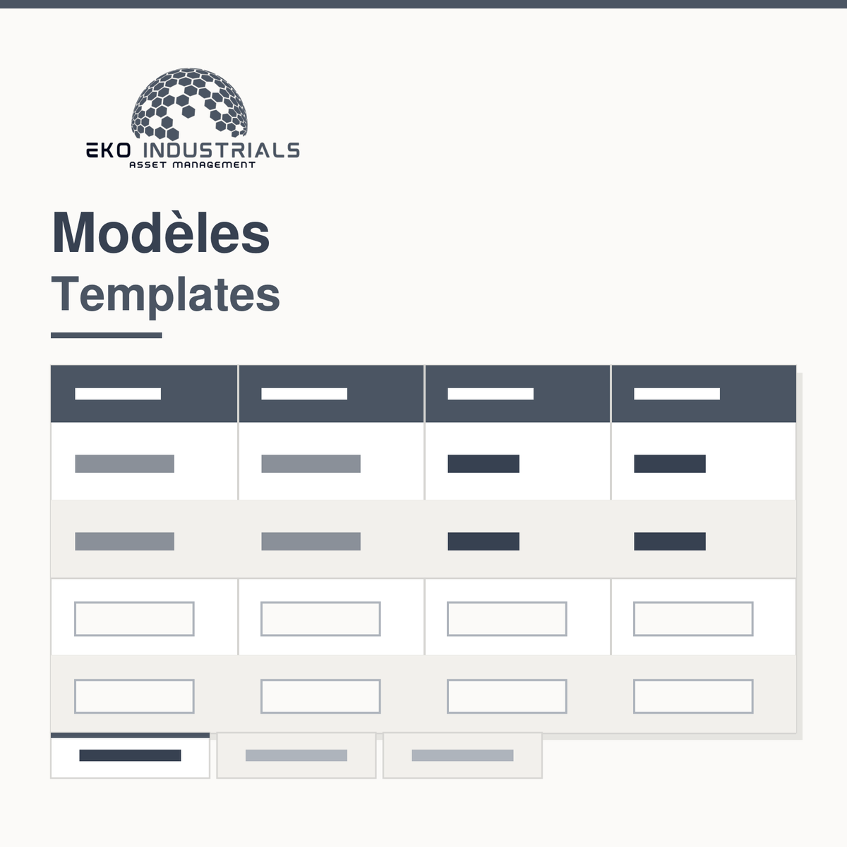 An open professional workbook: column headers, filled rows, empty fields still to complete, and worksheet tabs.