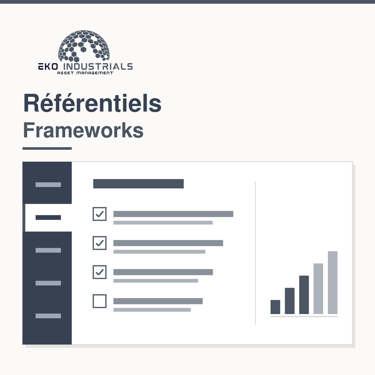 A reference document: a rail of tabbed sections, requirements ticked off one by one, and a five-step maturity scale.