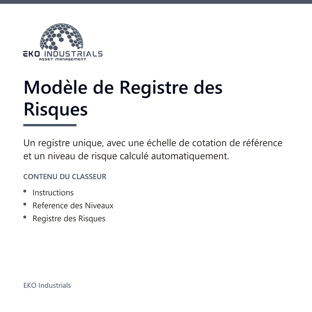 Modèle de Registre des Risques, EKO Industrials : visuel de présentation du produit — 3 feuilles, 398 formules, livré en français et en anglais.