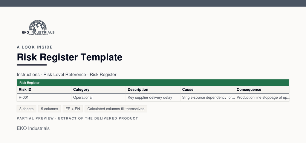 A look inside Risk Register Template: a real extract of the delivered workbook, with its sheets and columns.