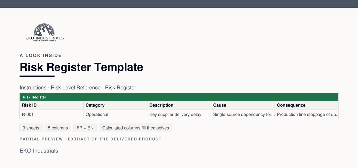 A look inside Risk Register Template: a real extract of the delivered workbook, with its sheets and columns.
