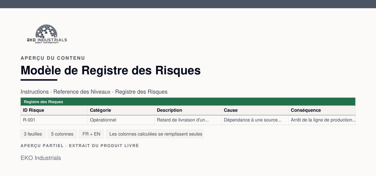 Aperçu du contenu de Modèle de Registre des Risques : extrait réel du classeur livré, avec ses feuilles et ses colonnes.