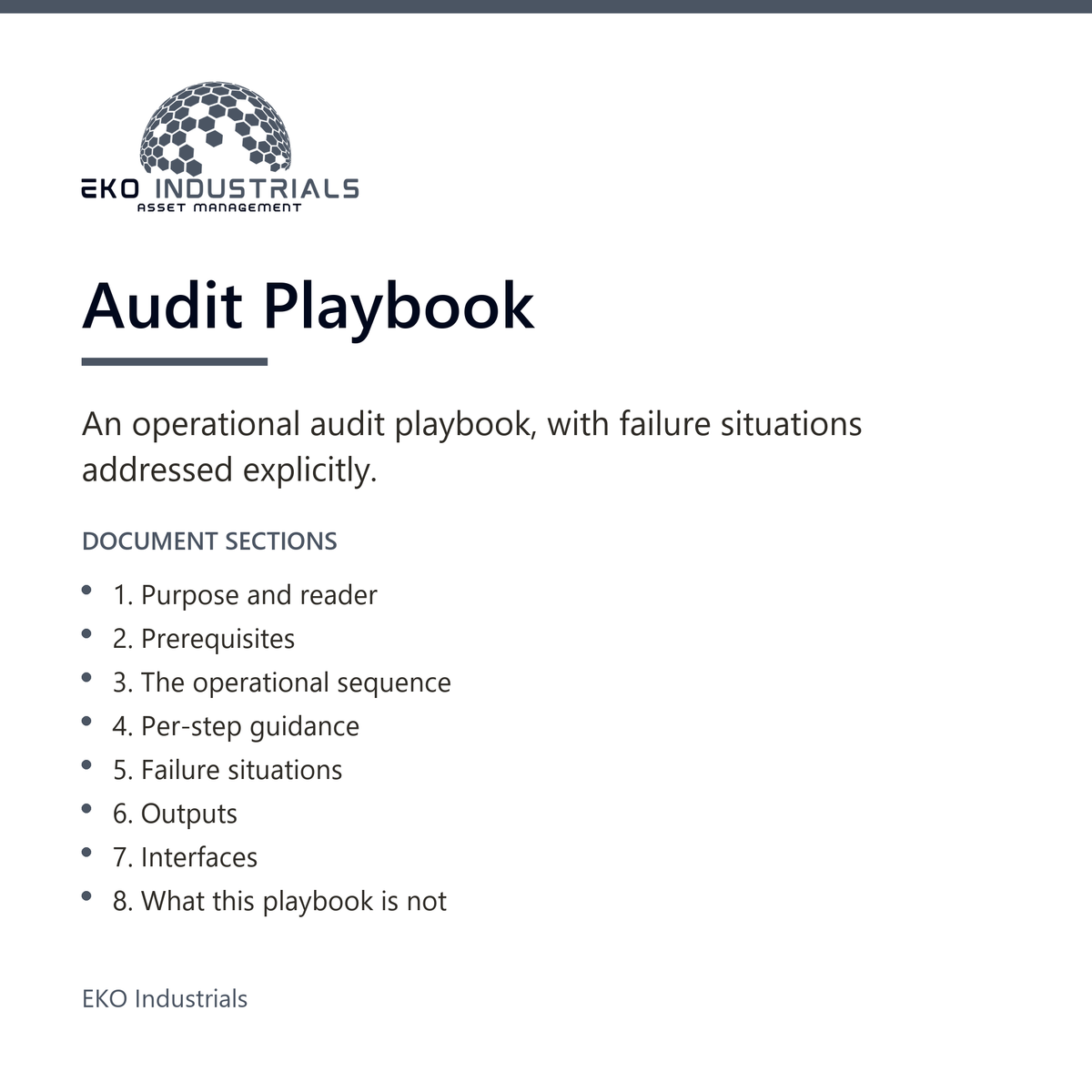 Audit Playbook, EKO Industrials: product listing visual for the digital product, delivered in French and English.
