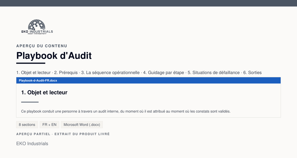 Aperçu du contenu de Playbook d'Audit : page réelle du document livré.