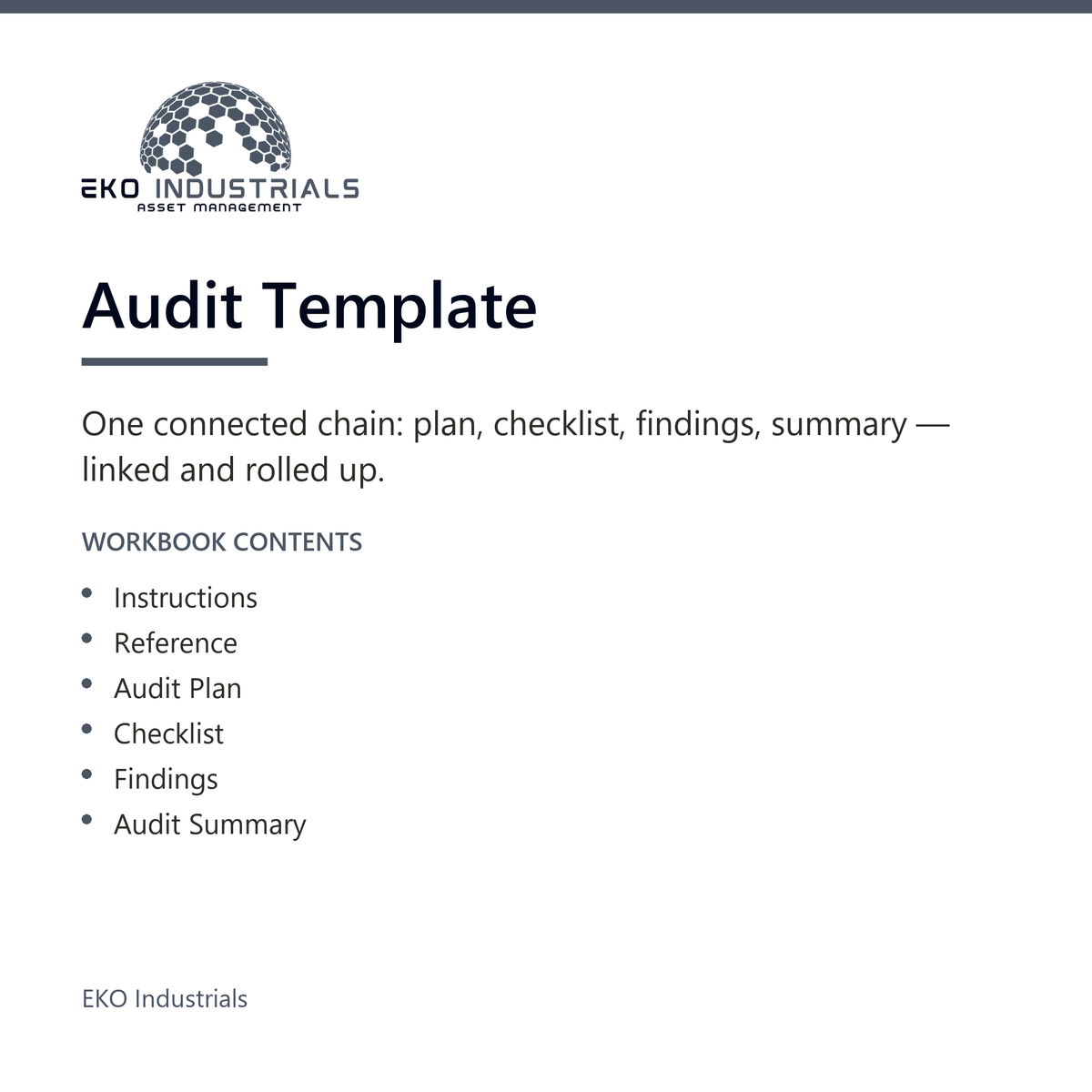 Audit Template, EKO Industrials: product listing visual for the digital product, delivered in French and English.