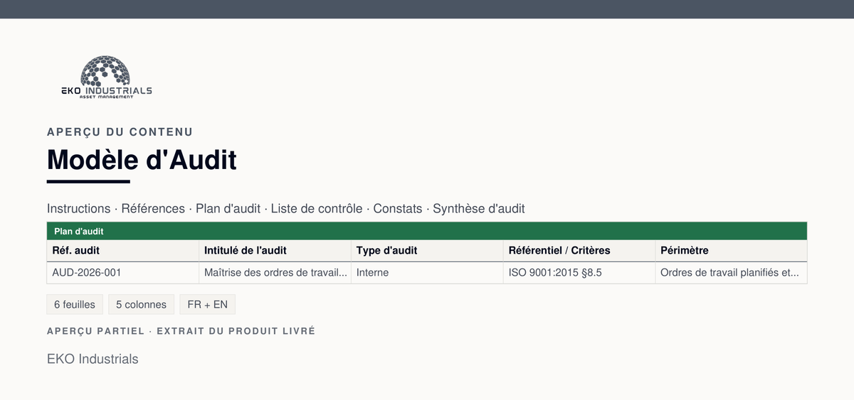 Aperçu du contenu de Modèle d'Audit : extrait réel du classeur livré, avec ses feuilles et ses colonnes.