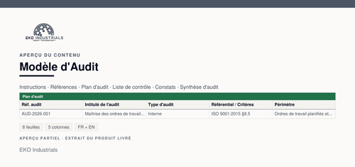 Aperçu du contenu de Modèle d'Audit : extrait réel du classeur livré, avec ses feuilles et ses colonnes.