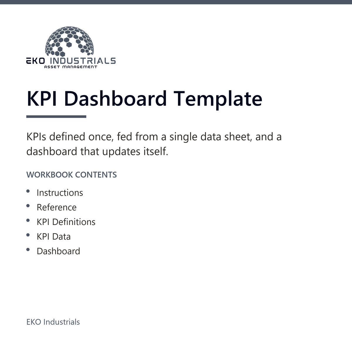 KPI Dashboard Template, EKO Industrials: product listing visual for the digital product, delivered in French and English.