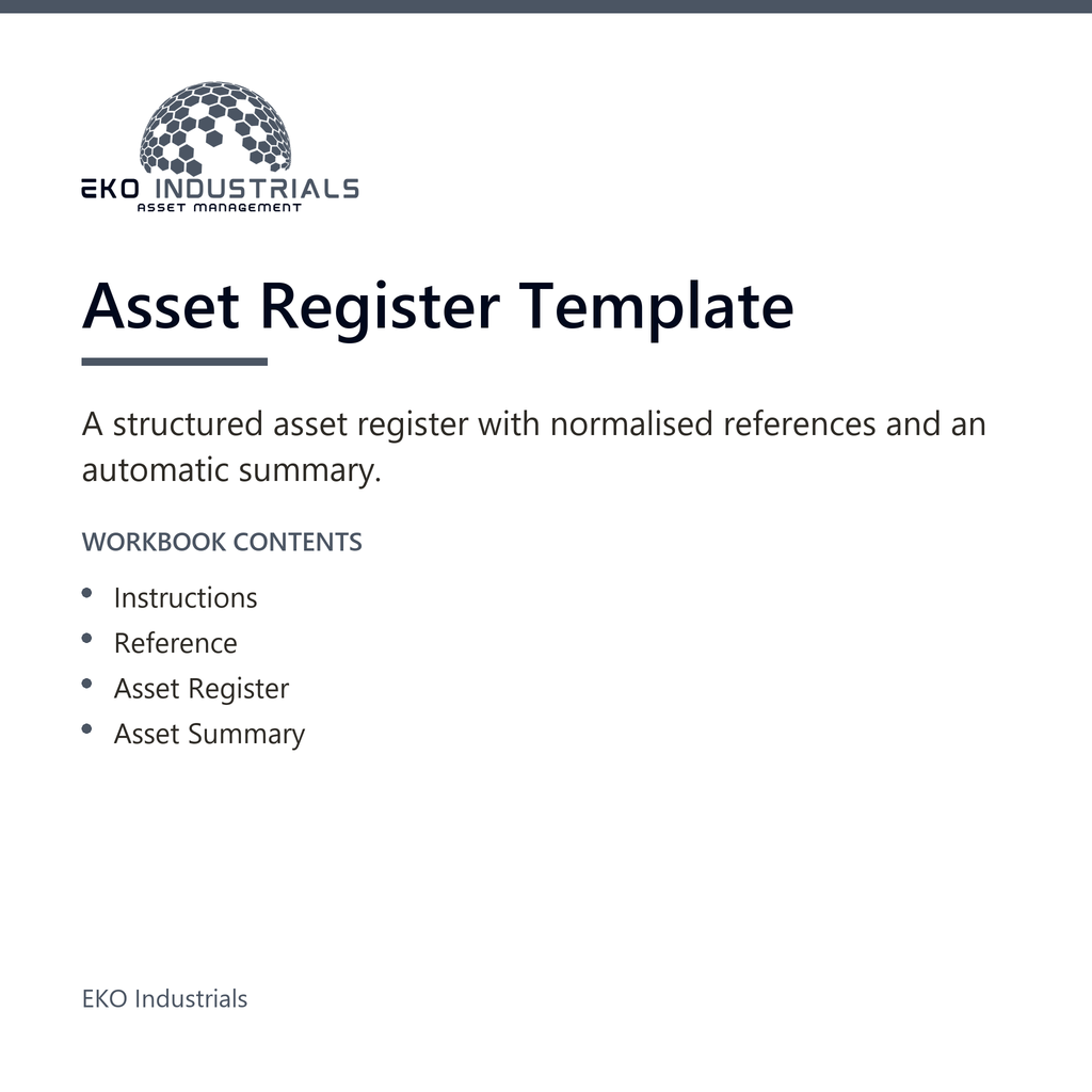 Asset Register Template, EKO Industrials: product listing visual for the digital product, delivered in French and English.