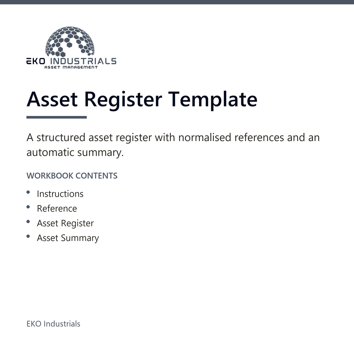 Asset Register Template, EKO Industrials: product listing visual for the digital product, delivered in French and English.