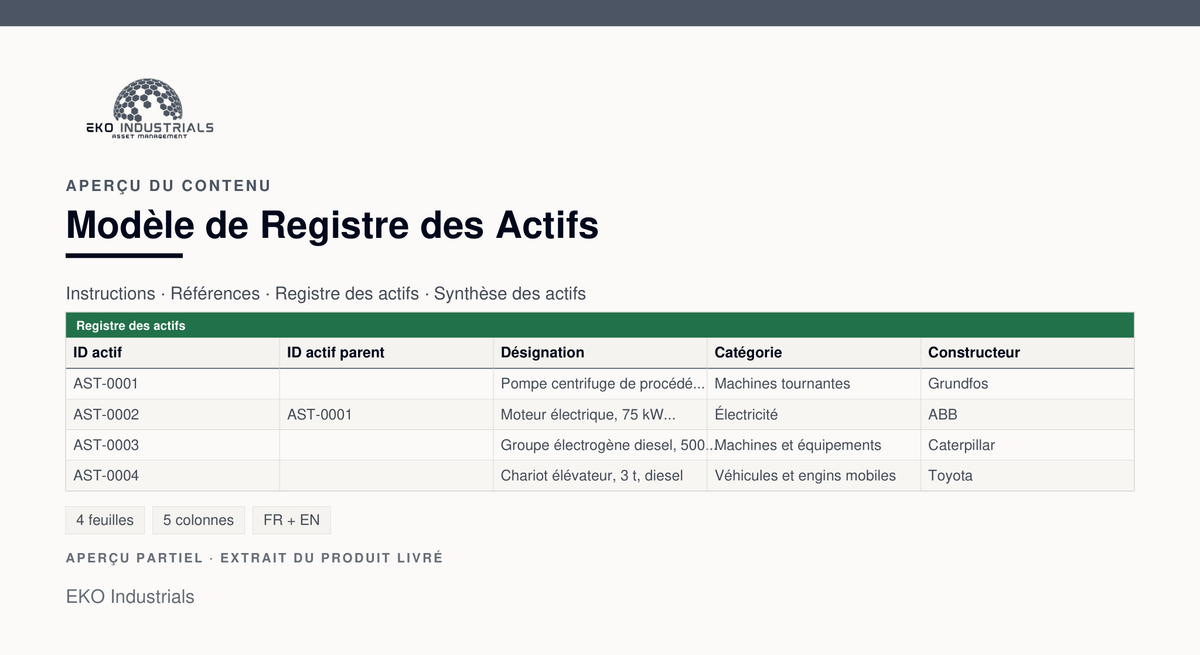 Aperçu du contenu de Modèle de Registre des Actifs : extrait réel du classeur livré, avec ses feuilles et ses colonnes.