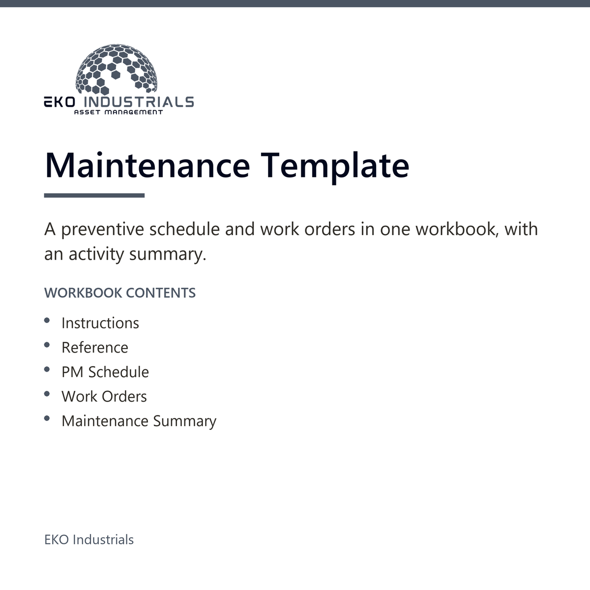 Maintenance Template, EKO Industrials: product listing visual for the digital product, delivered in French and English.
