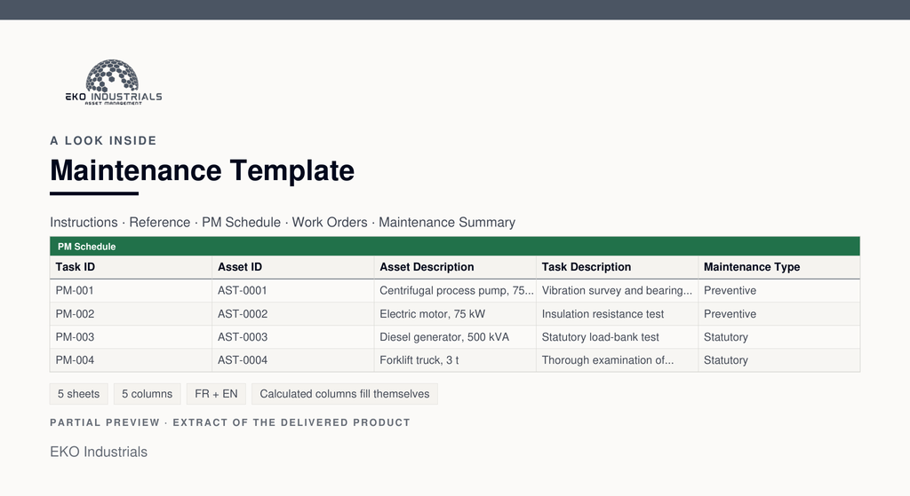 A look inside Maintenance Template: a real extract of the delivered workbook, with its sheets and columns.