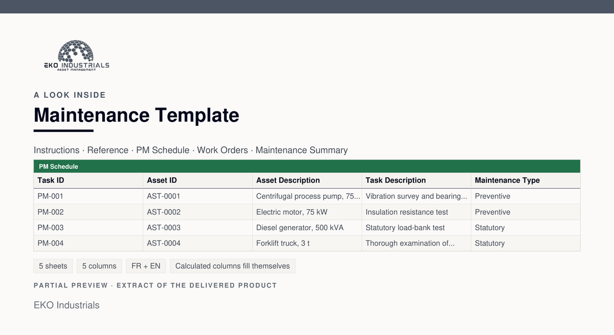 A look inside Maintenance Template: a real extract of the delivered workbook, with its sheets and columns.