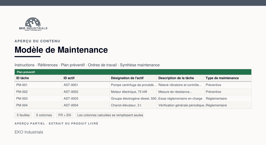Aperçu du contenu de Modèle de Maintenance : extrait réel du classeur livré, avec ses feuilles et ses colonnes.