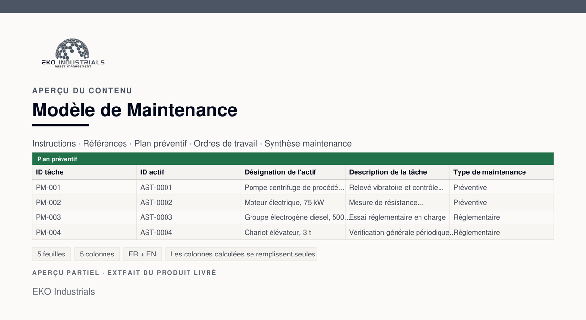 Aperçu du contenu de Modèle de Maintenance : extrait réel du classeur livré, avec ses feuilles et ses colonnes.