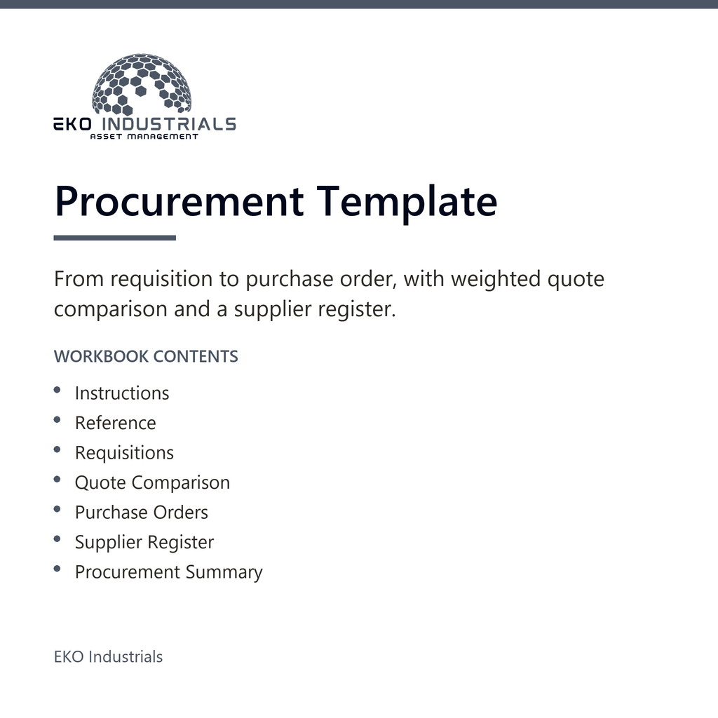 Procurement Template, EKO Industrials: product listing visual for the digital product, delivered in French and English.