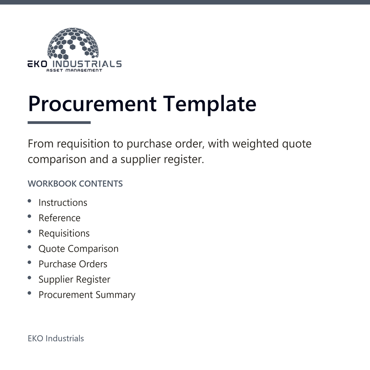 Procurement Template, EKO Industrials: product listing visual for the digital product, delivered in French and English.