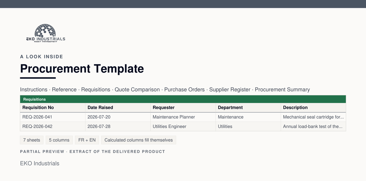 A look inside Procurement Template: a real extract of the delivered workbook, with its sheets and columns.