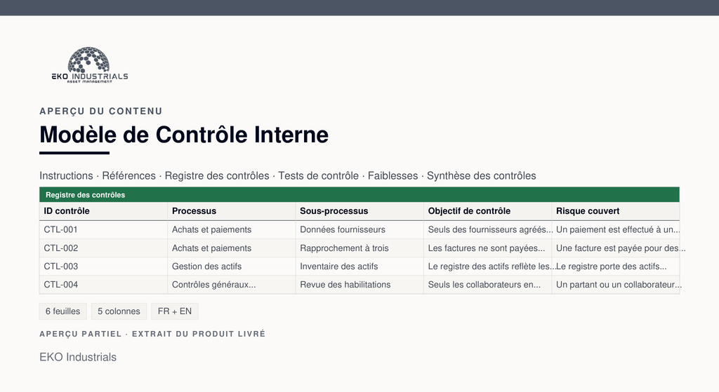 Aperçu du contenu de Modèle de Contrôle Interne : extrait réel du classeur livré, avec ses feuilles et ses colonnes.