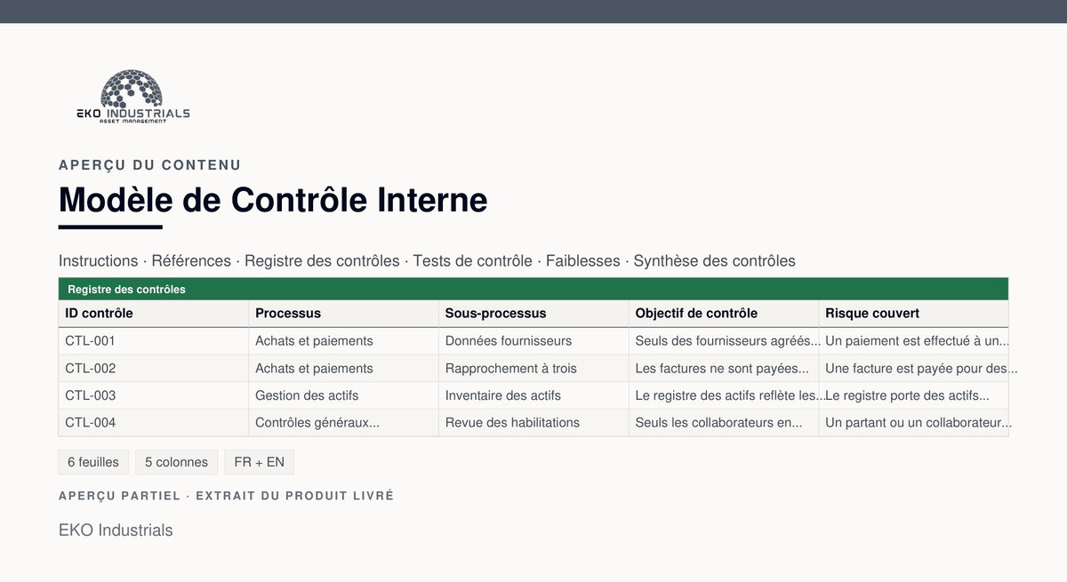 Aperçu du contenu de Modèle de Contrôle Interne : extrait réel du classeur livré, avec ses feuilles et ses colonnes.
