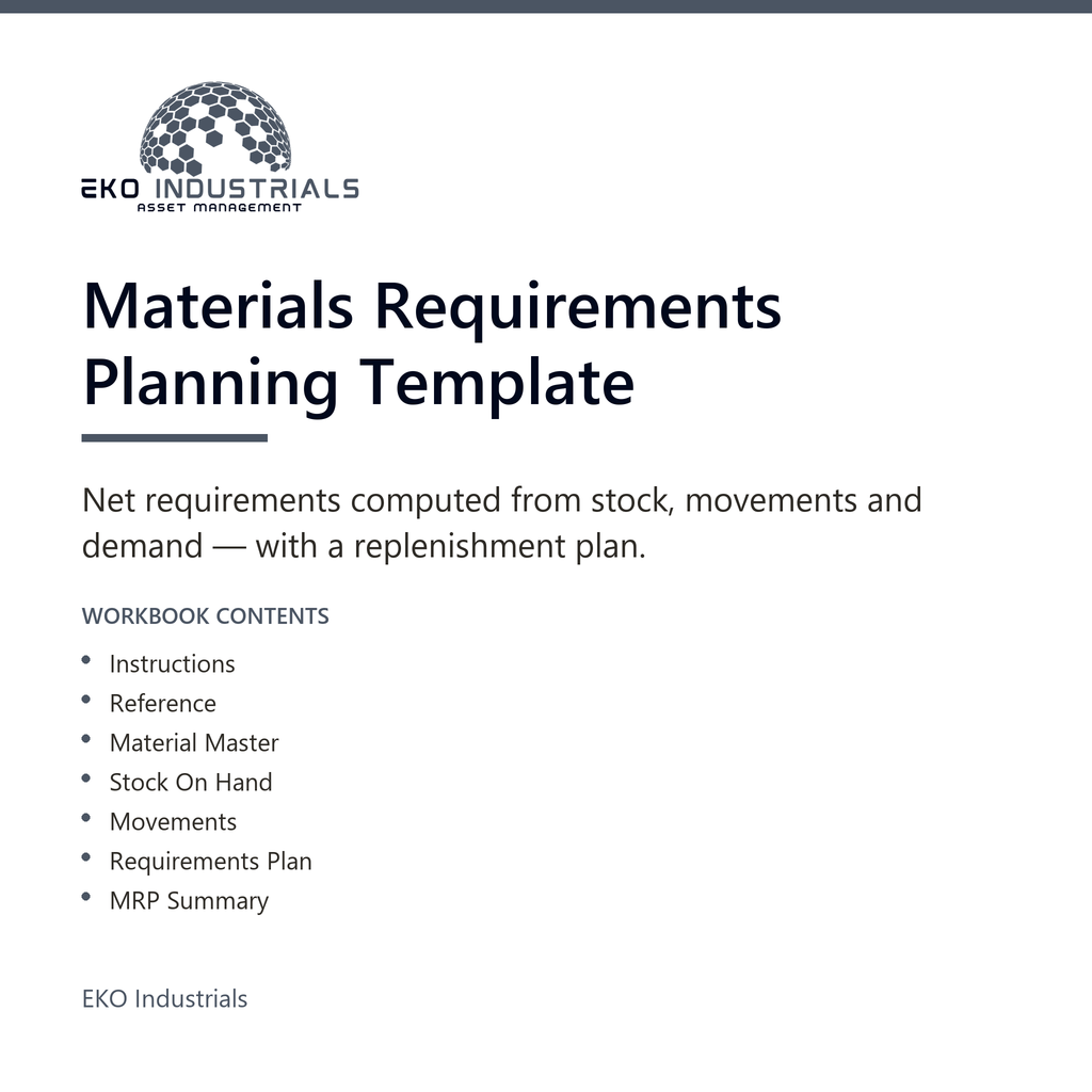 Materials Requirements Planning Template, EKO Industrials: product listing visual for the digital product, delivered in French and English.
