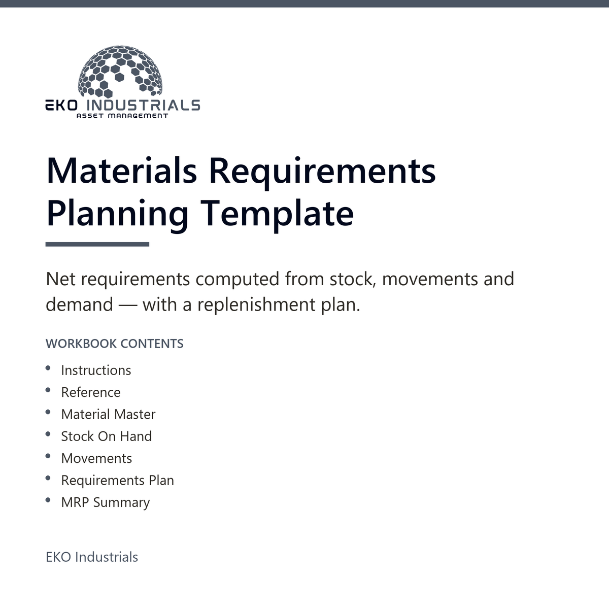 Materials Requirements Planning Template, EKO Industrials: product listing visual for the digital product, delivered in French and English.
