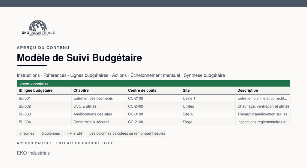 Aperçu du contenu de Modèle de Suivi Budgétaire : extrait réel du classeur livré, avec ses feuilles et ses colonnes.