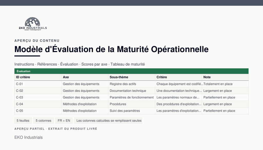 Aperçu du contenu de Modèle d'Évaluation de la Maturité Opérationnelle : extrait réel du classeur livré, avec ses feuilles et ses colonnes.