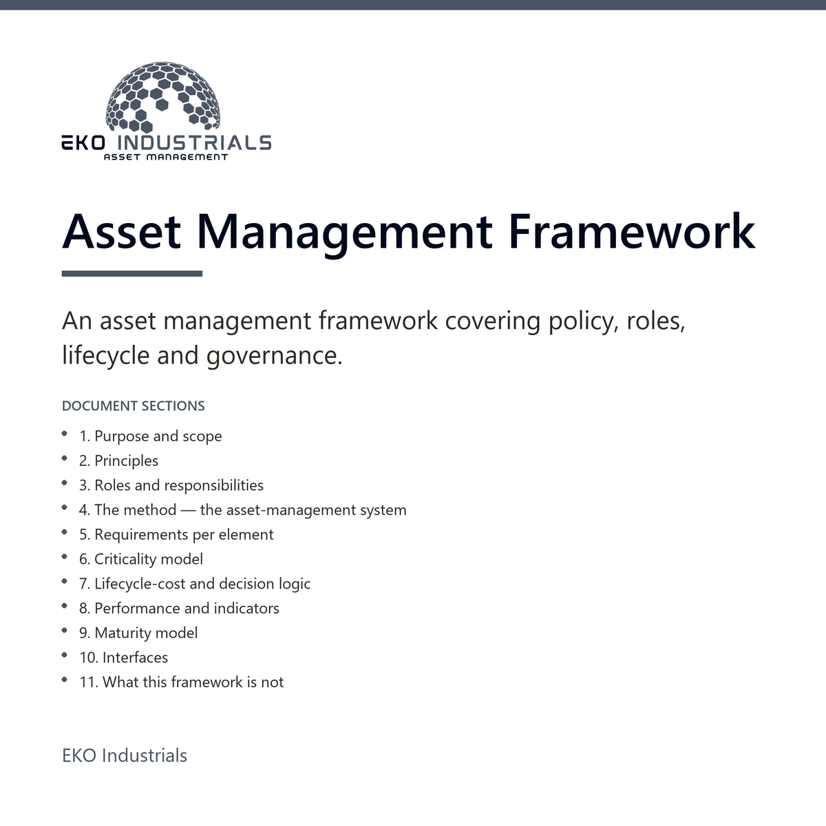 Asset Management Framework, EKO Industrials: product listing visual for the digital product, delivered in French and English.