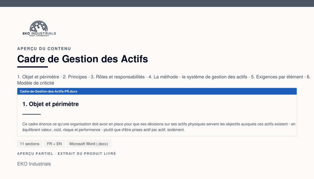 Aperçu du contenu de Cadre de Gestion des Actifs : page réelle du document livré.