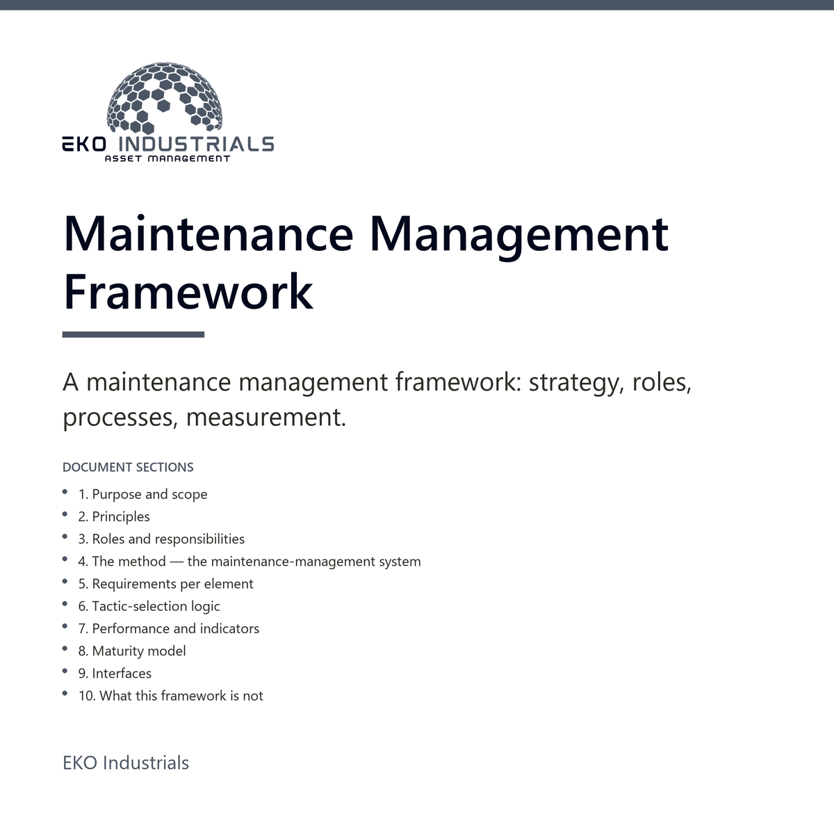 Maintenance Management Framework, EKO Industrials: product listing visual for the digital product, delivered in French and English.