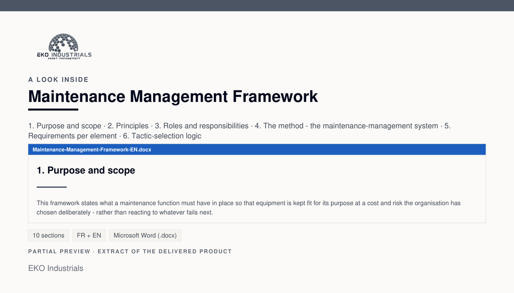 A look inside Maintenance Management Framework: a real page from the delivered document.