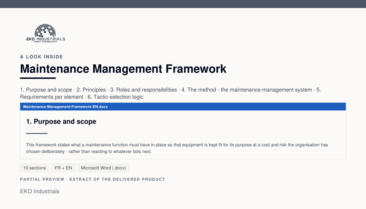 A look inside Maintenance Management Framework: a real page from the delivered document.