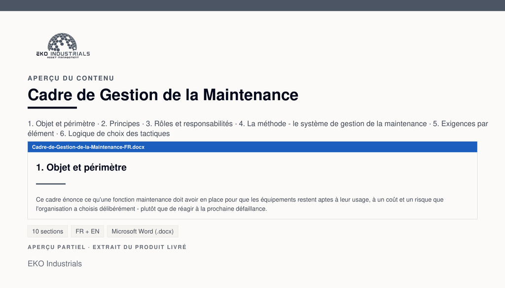 Aperçu du contenu de Cadre de Gestion de la Maintenance : page réelle du document livré.