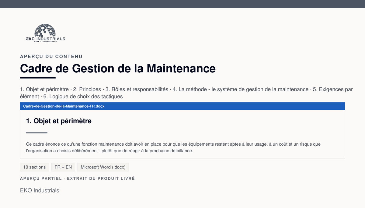 Aperçu du contenu de Cadre de Gestion de la Maintenance : page réelle du document livré.