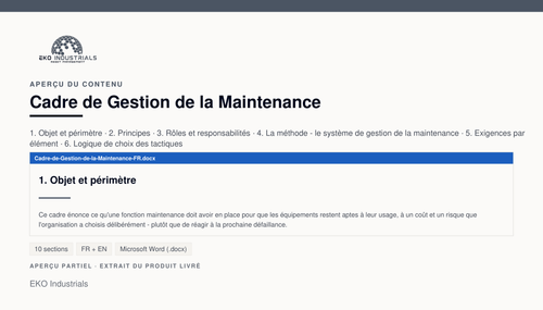 Aperçu du contenu de Cadre de Gestion de la Maintenance : page réelle du document livré.