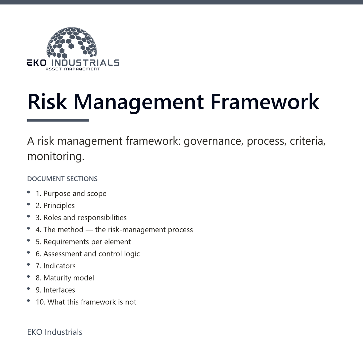 Risk Management Framework, EKO Industrials: product listing visual for the digital product, delivered in French and English.