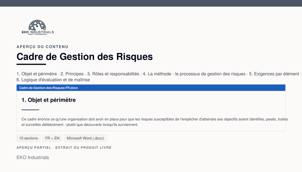 Aperçu du contenu de Cadre de Gestion des Risques : page réelle du document livré.