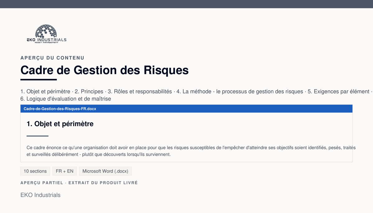 Aperçu du contenu de Cadre de Gestion des Risques : page réelle du document livré.