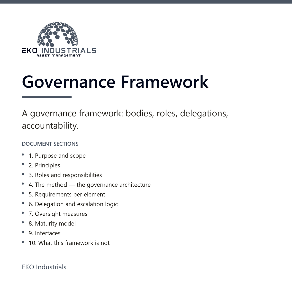 Governance Framework, EKO Industrials: product listing visual for the digital product, delivered in French and English.