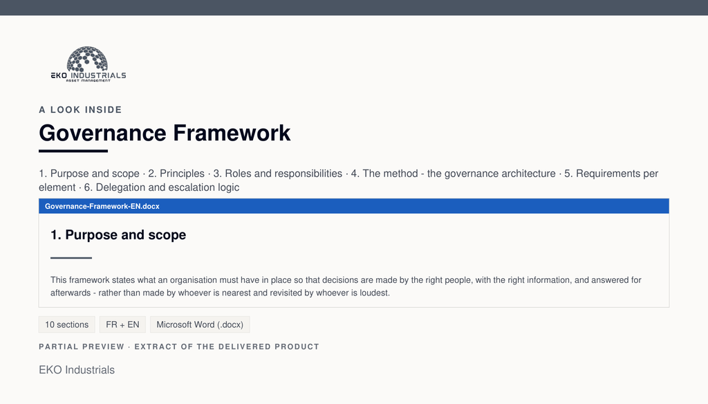 A look inside Governance Framework: a real page from the delivered document.