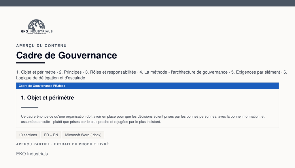 Aperçu du contenu de Cadre de Gouvernance : page réelle du document livré.