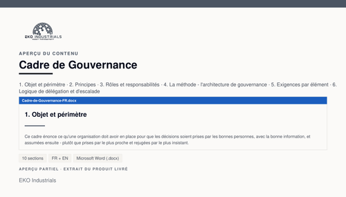 Aperçu du contenu de Cadre de Gouvernance : page réelle du document livré.