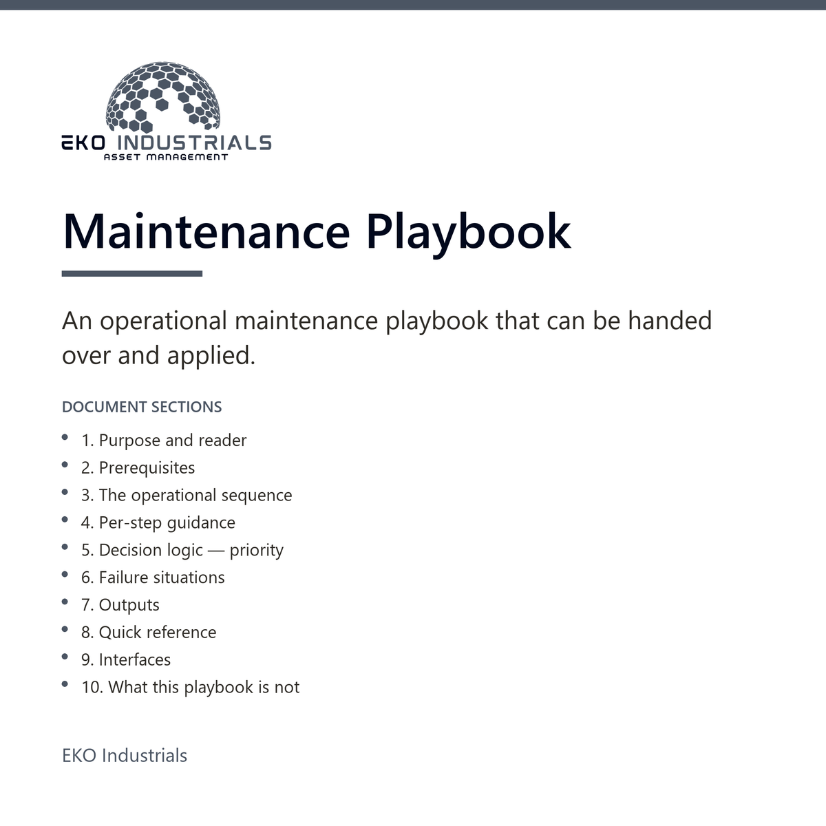 Maintenance Playbook, EKO Industrials: product listing visual for the digital product, delivered in French and English.