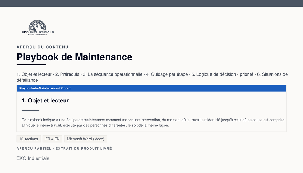 Aperçu du contenu de Playbook de Maintenance : page réelle du document livré.