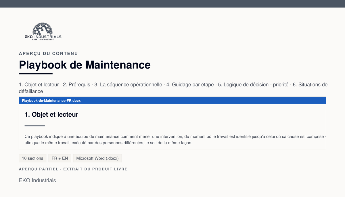 Aperçu du contenu de Playbook de Maintenance : page réelle du document livré.