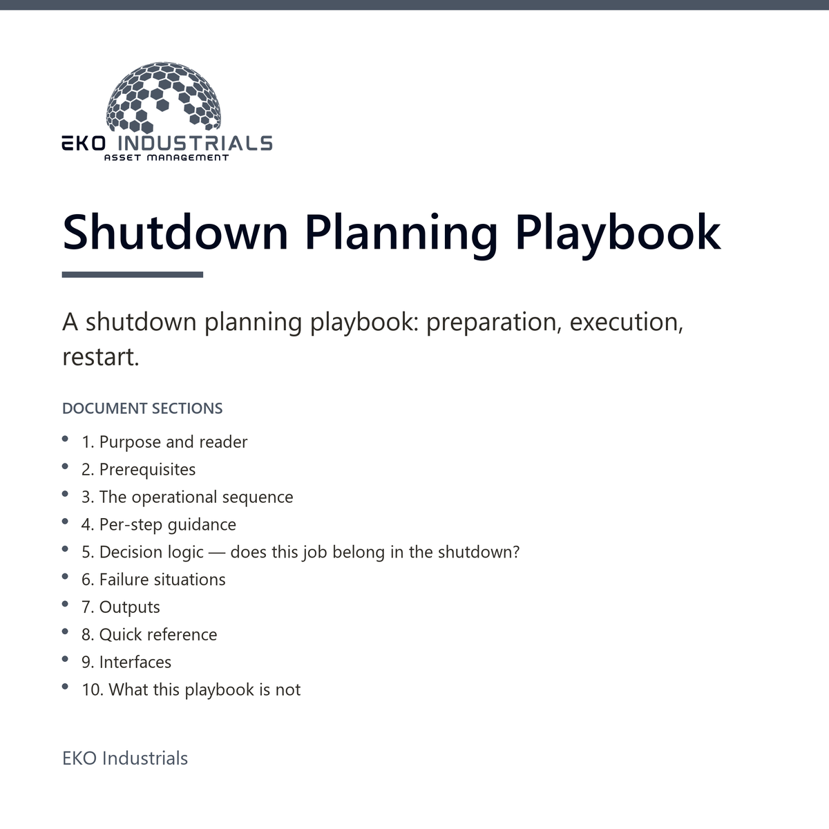 Shutdown Planning Playbook, EKO Industrials: product listing visual for the digital product, delivered in French and English.