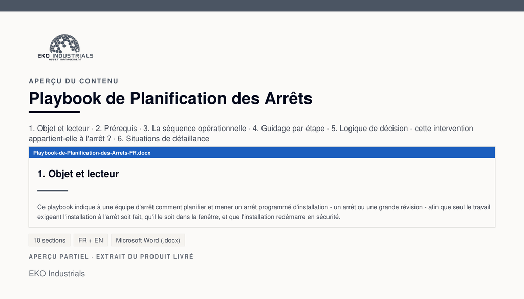 Aperçu du contenu de Playbook de Planification des Arrêts : page réelle du document livré.