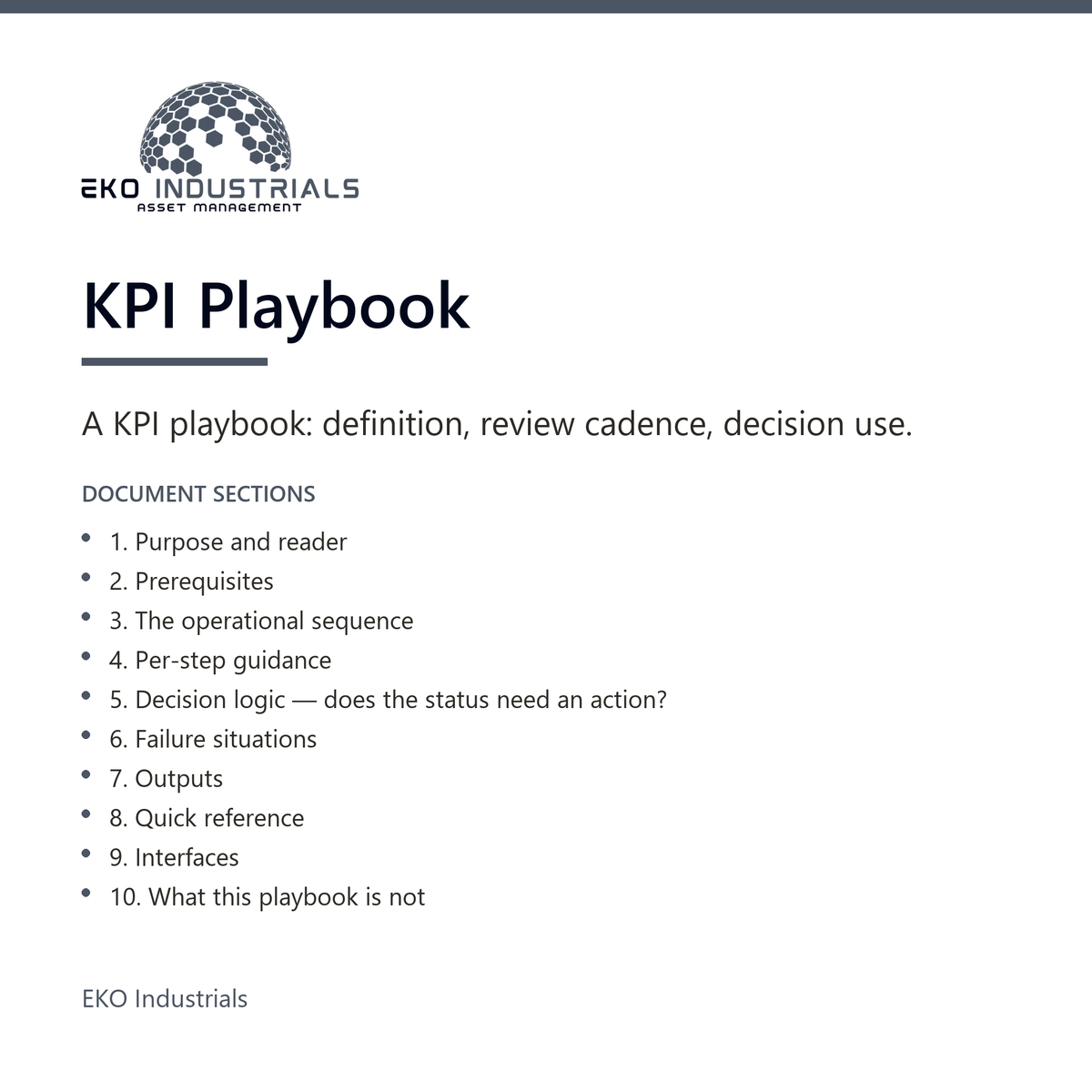 KPI Playbook, EKO Industrials: product listing visual for the digital product, delivered in French and English.